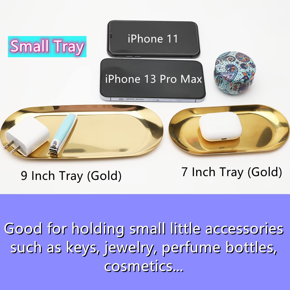 Stainless Steel Decorative Tray, Set Of 2, 9 Inch Long, Jewelry Dish Cosmetics Organizer Bathroom Clutter Serving Platter Small