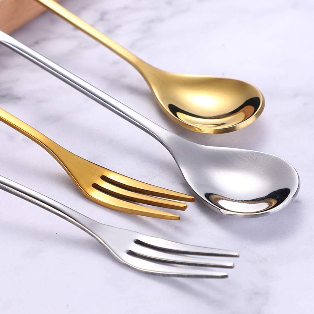 Ansaw 10-Pc Silver Mini Spoons & Forks Set, 4.7'' - Stainless Steel, Leaf Handle, Ideal For Coffee,Tea, Appetizers, Tastings, Pa