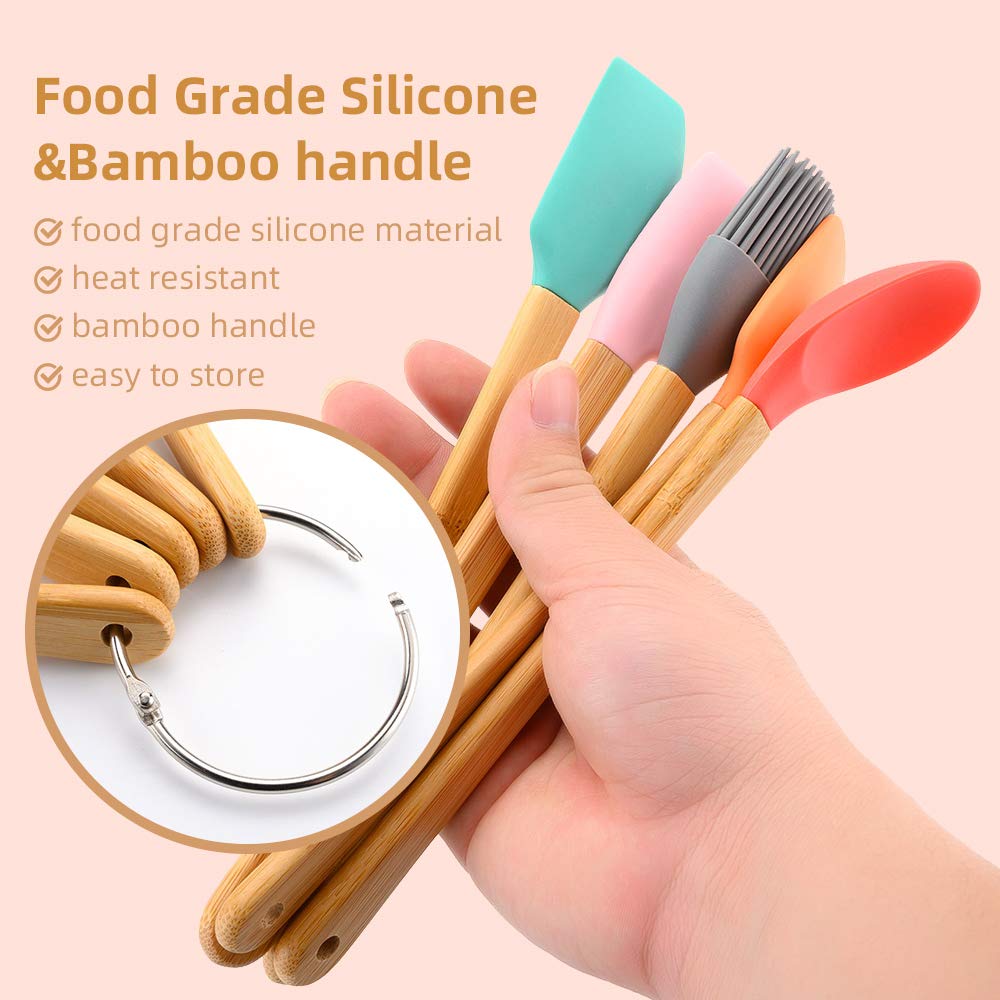 5 Piece Silicone Spatula,Mini Rubber Spatula Wooden Handle,Heat Resistant Silicone Spatula Set,Kitchen Utensils Non-Stick For Ba