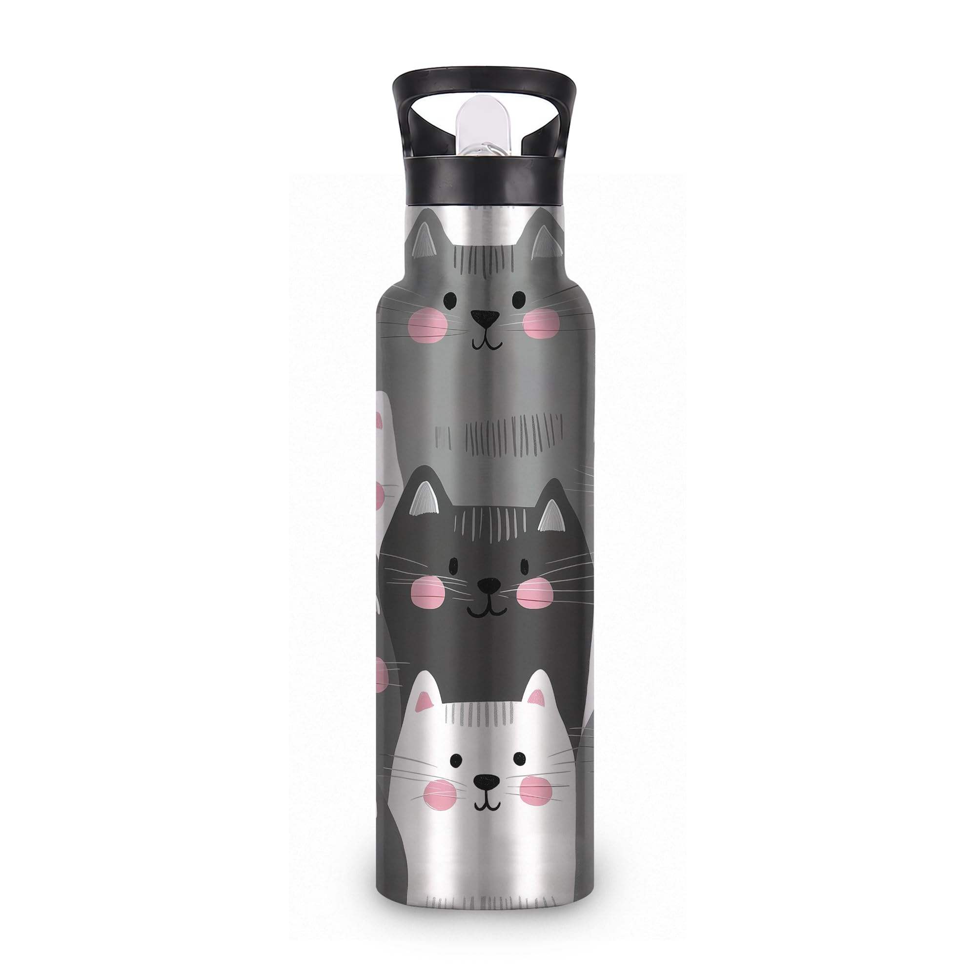 ICRICR Water Bottles with Straw,Gray Cats Stainless Steel Cup Leak Resistant Double Wall Insulated Water Bottle with Handle for 
