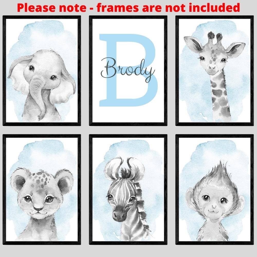 Personalized Safari Animals for Baby Boy Girl Nursery Bedroom  Unframed Set of 6 Poster Prints  Personalized Name Gray Blue Green Yellow Watercolor Splash Wall Art Decor  Gift Present  Elephant Giraffe Lion (8x10)