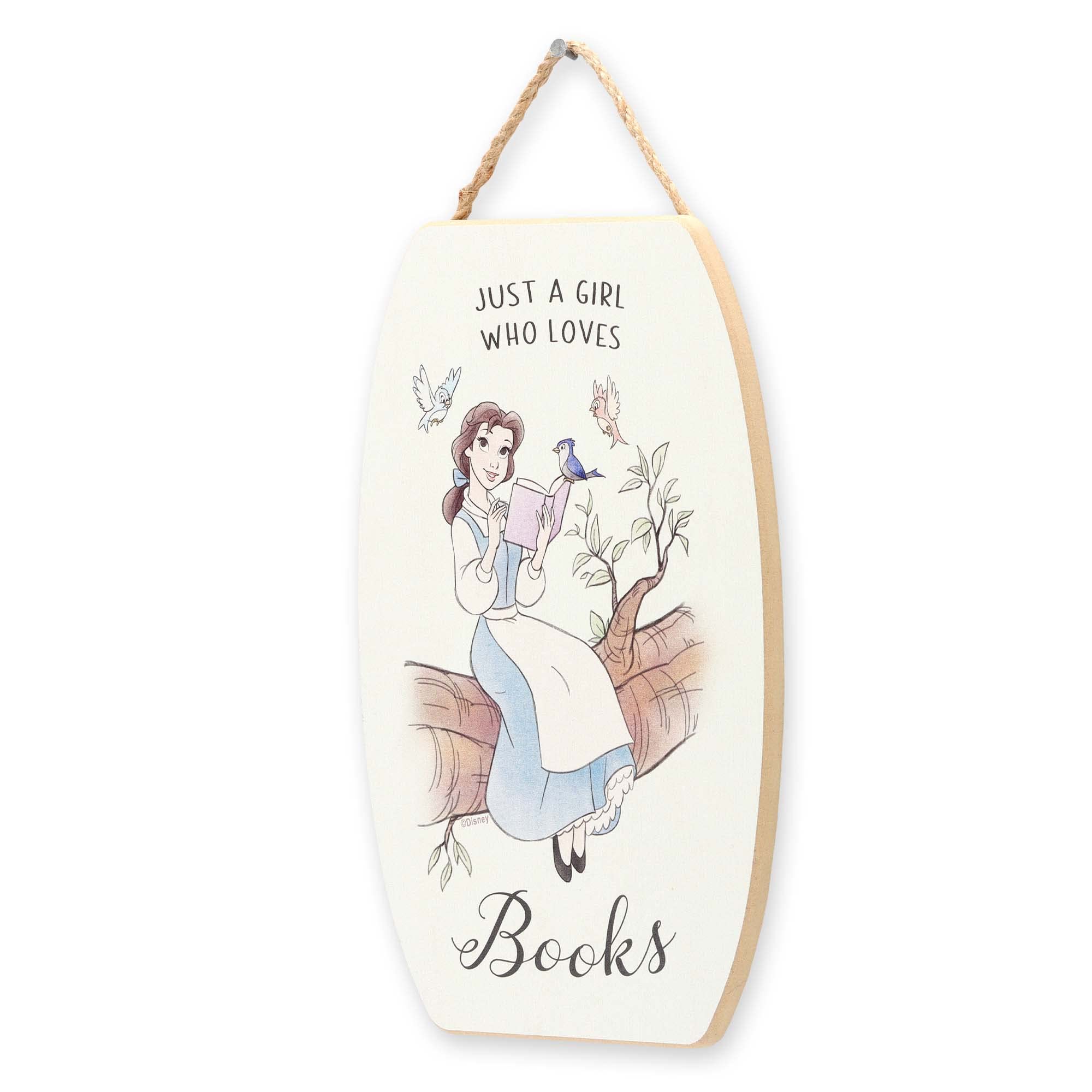 Open Road Brands Disney Beauty And The Beast Just A Girl Who Loves Books Hanging Wood Wall Decor - Cute Belle Decoration For Kid