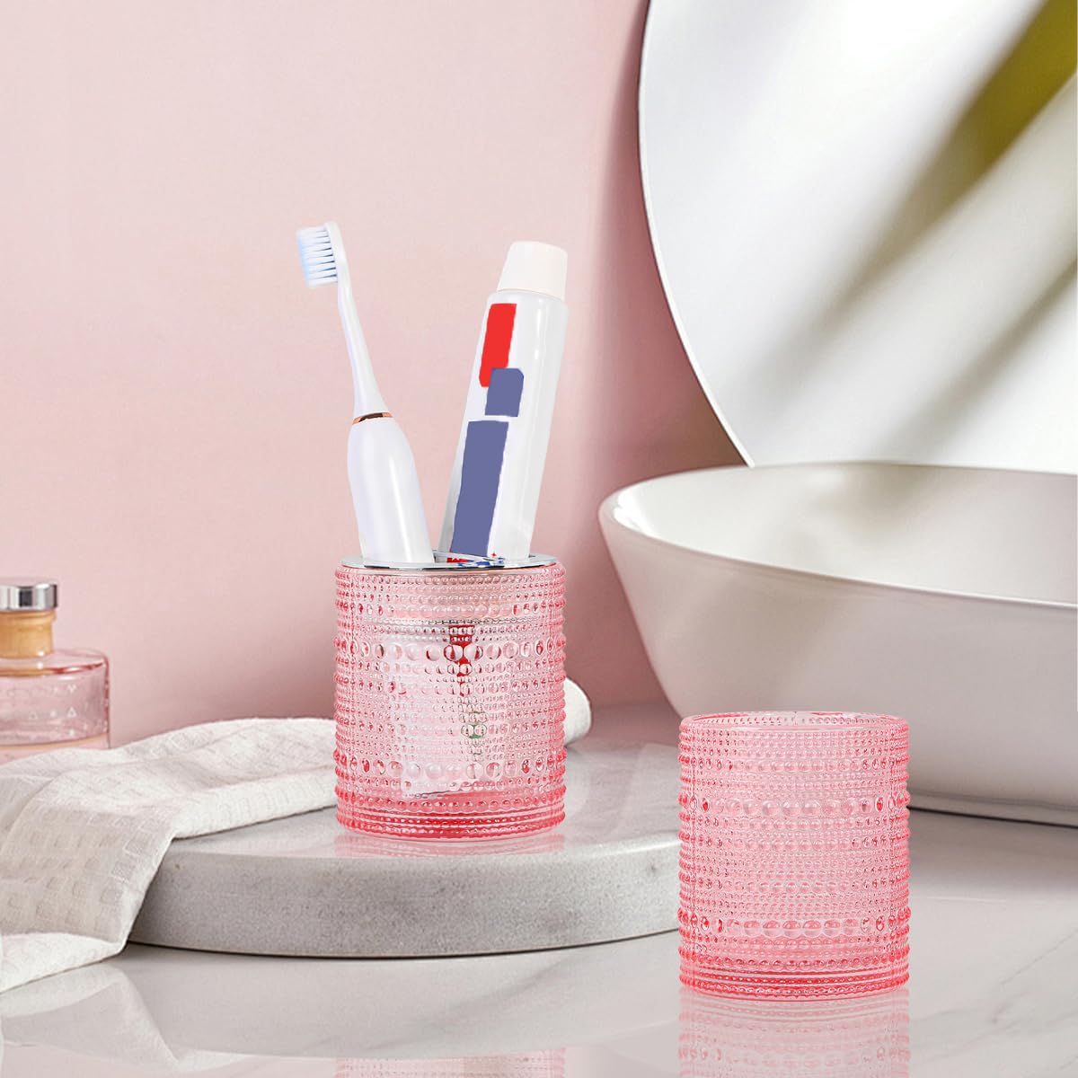 Tonxus Pink Toothbrush Holders for Bathrooms, Glass Toothbrush Holder with 2 Slot Divider, 10oz Bathroom Tumbler and Mouthwash C