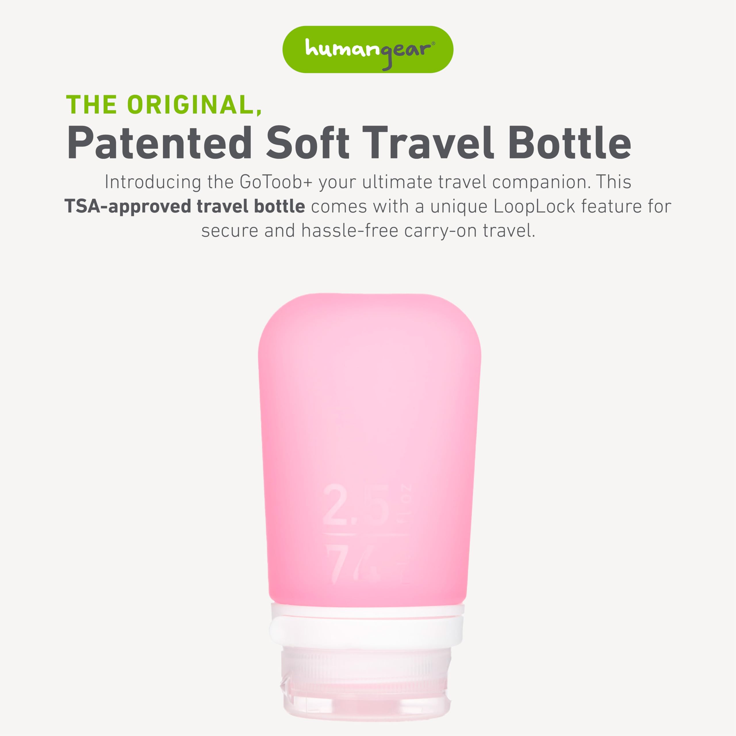 Humangear Gotoob+ (Medium) | Refillable Silicone Travel Bottle | Locking Lid | Food-Safe Material | Pink, Medium (2.5 Fl.Oz.; 74