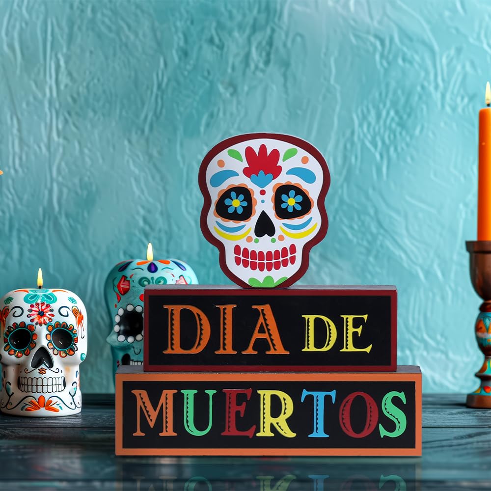 DECSPAS Day of the Dead Decorations, Wood Block Sugar Skull Dia De Los Muertos Decorations with DIA DE MUERTOS Sign, 3-Layered W