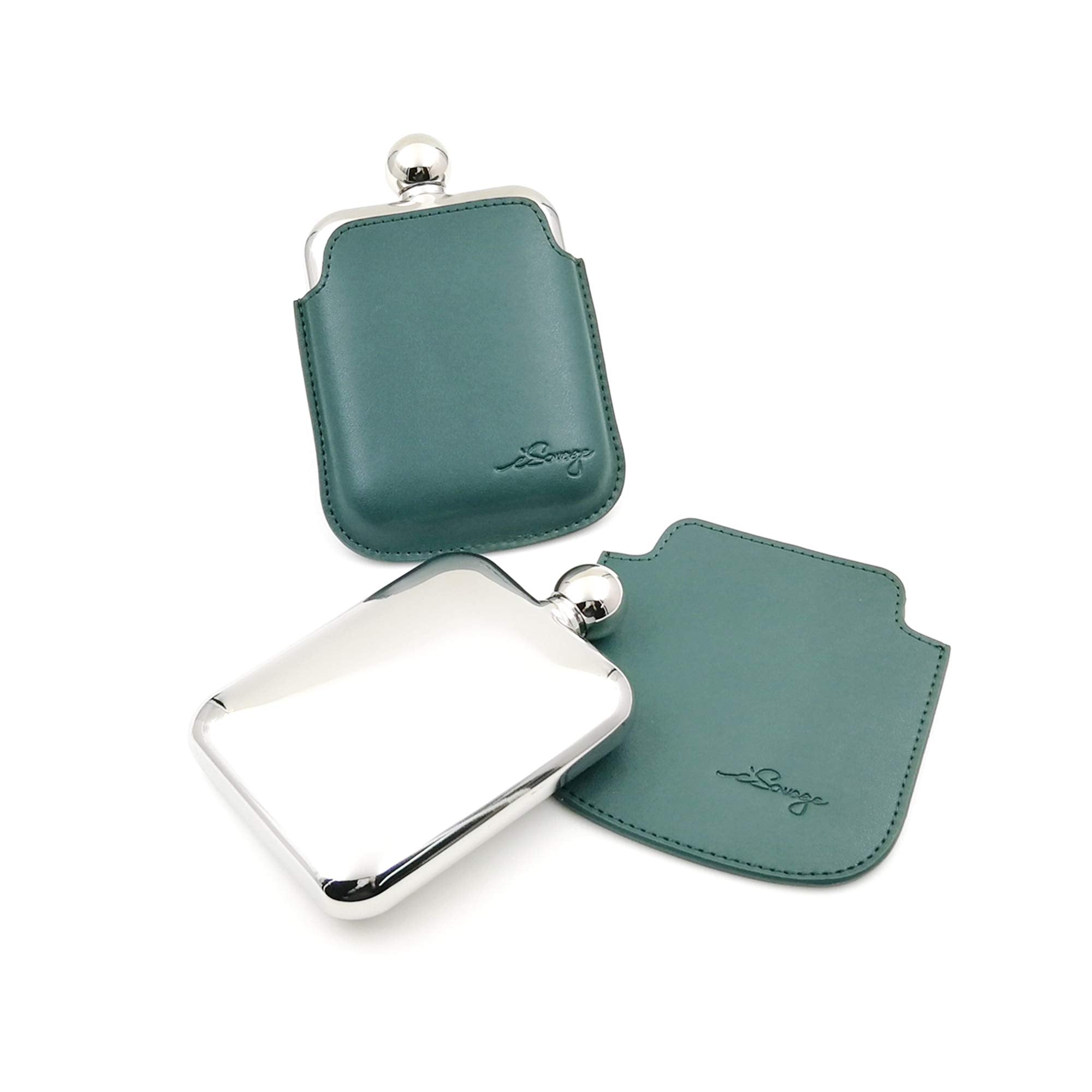 Isavage 6Oz Popular Rectangle Hip Flask With A Detachable Dark Green Leather Pouch-Ym607-4