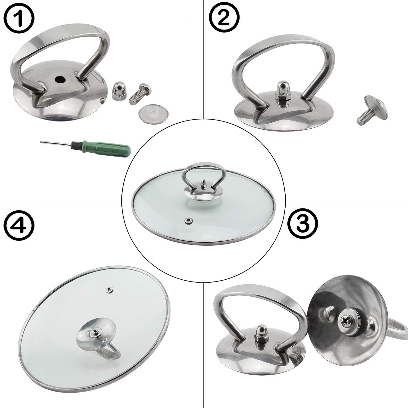 Pzrt Universal Pot Lid Cover Knob Handle,Stainless Steel Replacement Cookware Pot Lid Handgrip Knob With Three Length Mounting S