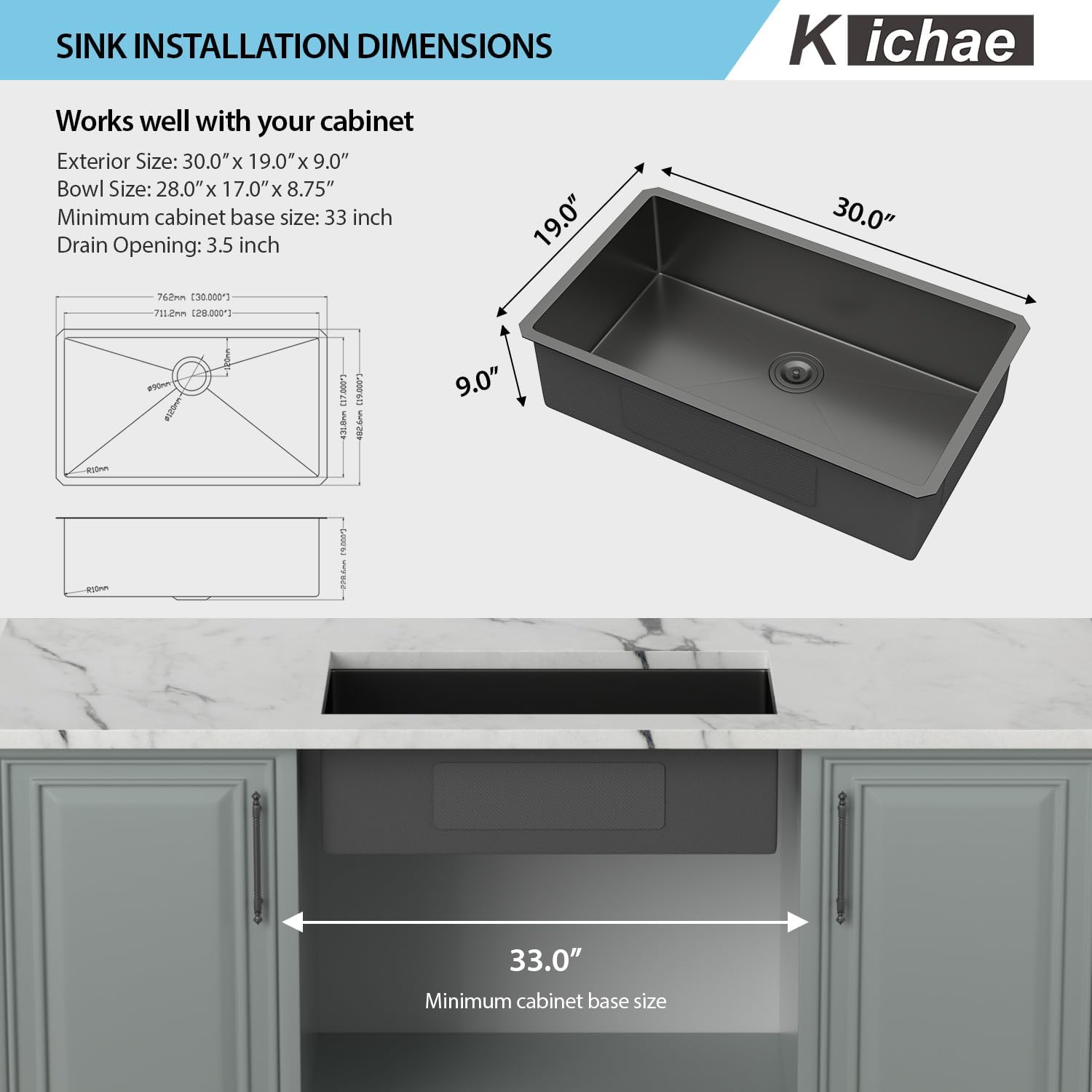 Kichae 30 Black Undermount Kitchen Sink - 30 Inch Undermount Sink 18 Gauge Gunmetal Black Stainless Steel Deep Handmade Single B