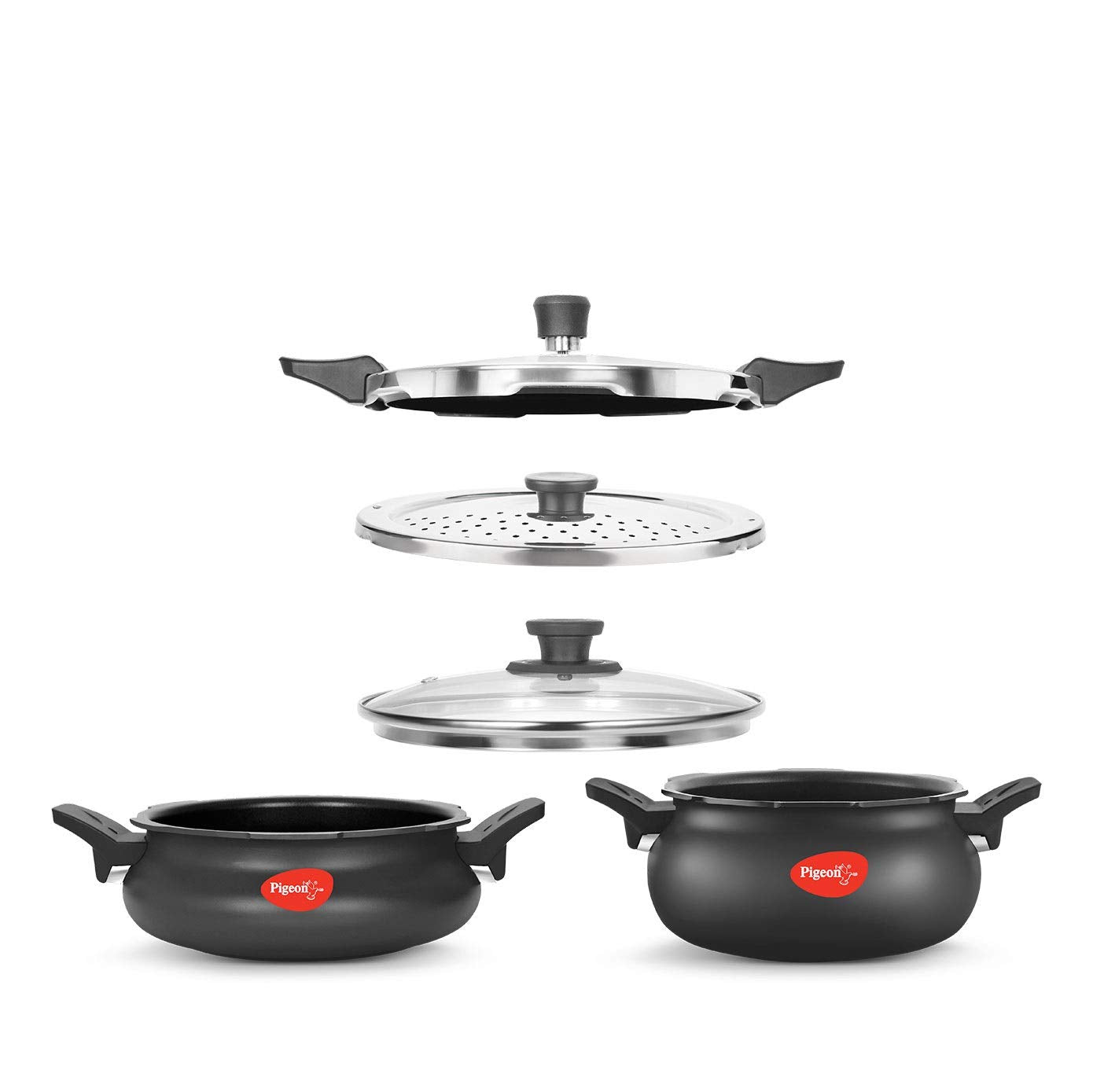Pigeon All In One Value Pack Hard Anodized Super Cooker With Induction Base Outer Lid, 5 Litre And 3 Litre, 3 Lids (Pressure Lid