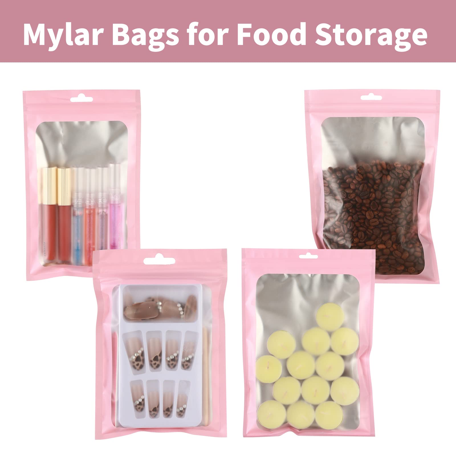 120 PCS 7x10 Smell Proof Mylar Bags for Food Storage Resealable Large Mylar Bags for Kitchen Organization with Clear Window pink Ziplock Packaging Bag for Candy Cookies and Small Jewelry