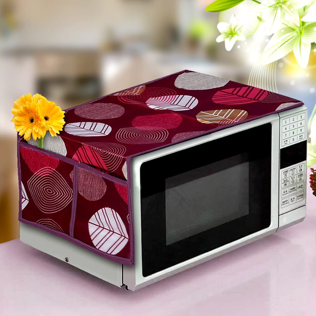 Kanushi Industries Microwave/Oven Top Cover With 4 Utility Pockets (Var-Micro-Maroon-Long-Leaves)