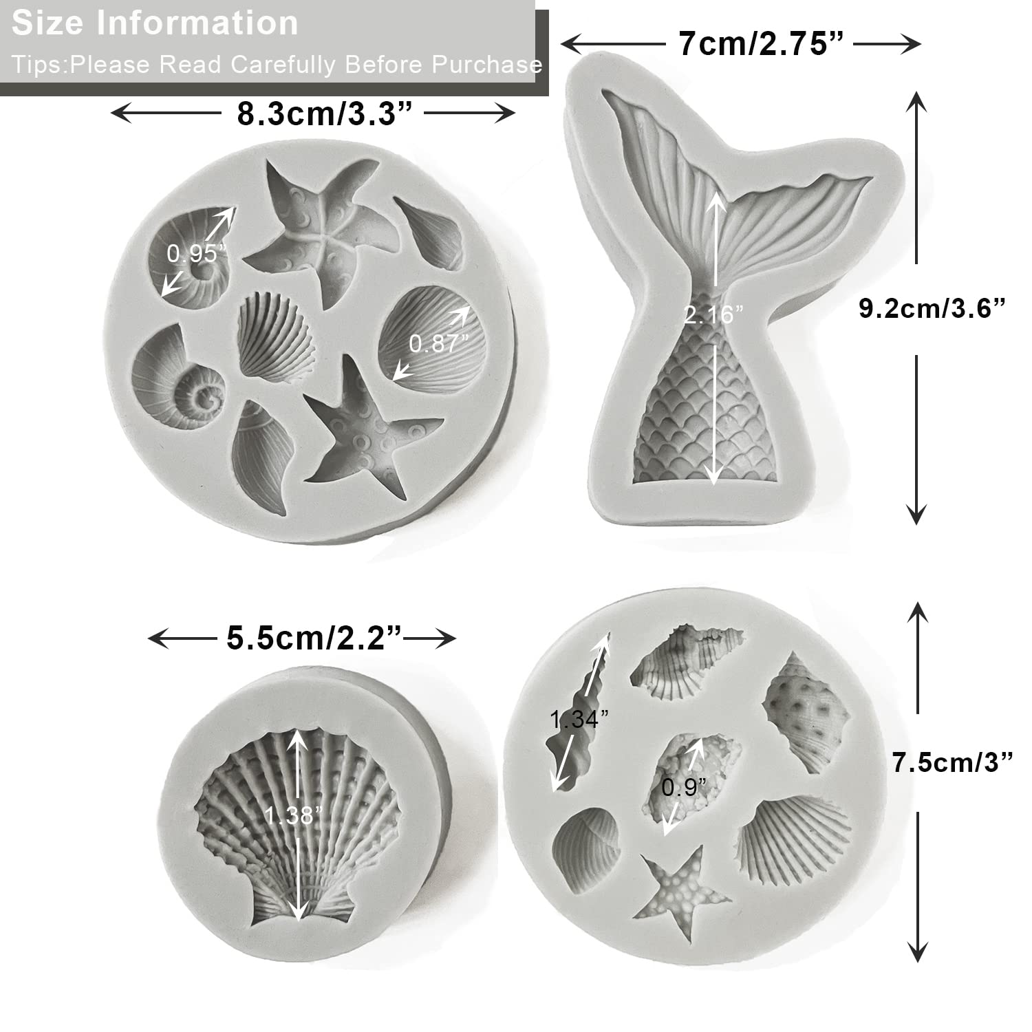 Fantasybear Mermaid Silicone Mold,Mermaid Tail,Seashell,Conch,Starfish Silicone Mold For Cupcake Toppers,Candy,Chocolate,Fondant