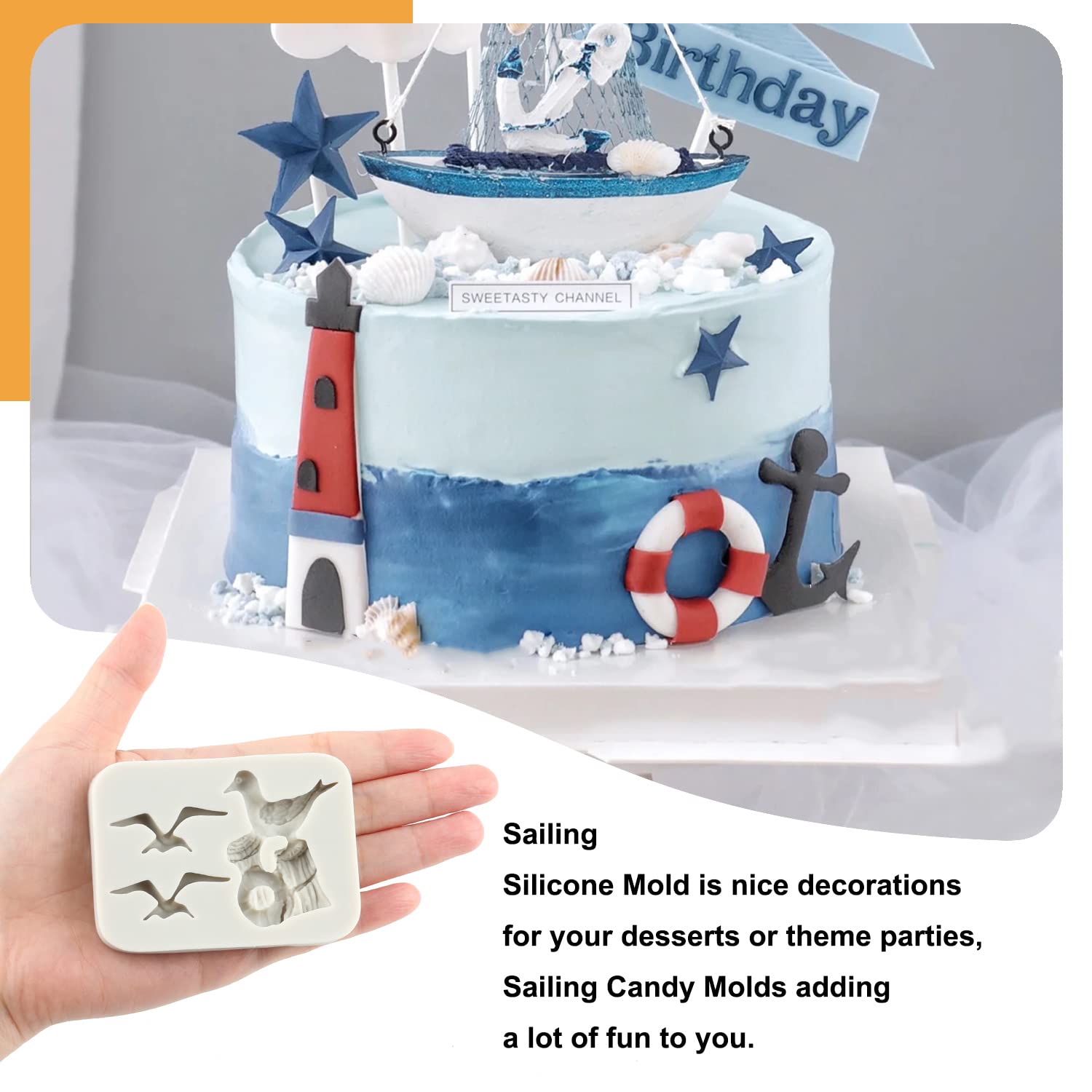 Sijiangmold Sailing Ship Fondant Molds Compass Anchor Rudder Lighthouse Silicone Molds For Cake Decorating Chocolate Candy Cupca