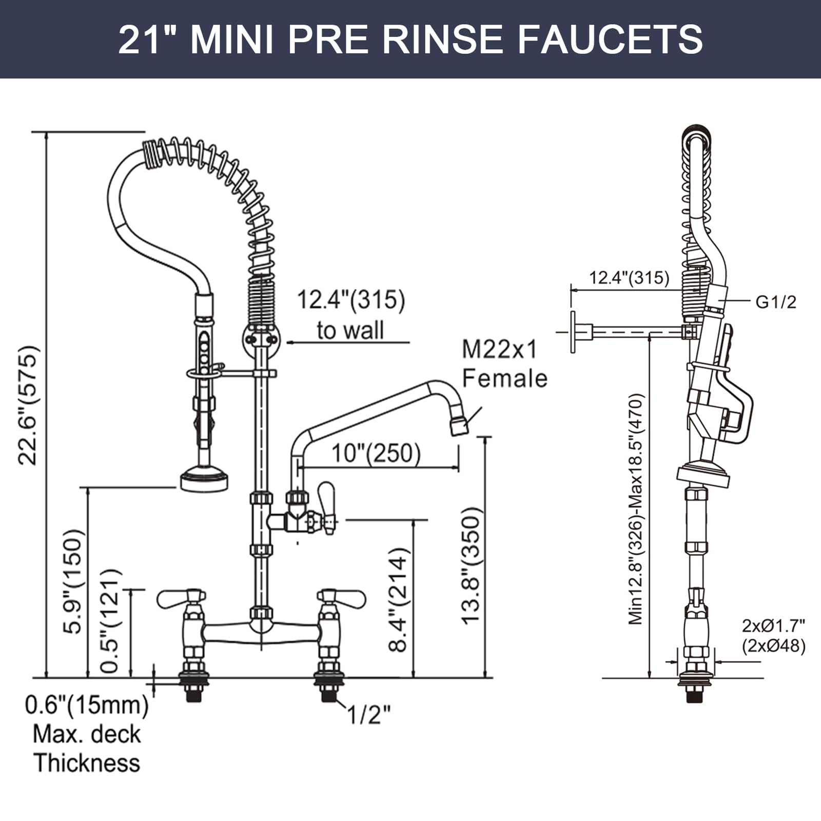 Iviga Commercial Kitchen Faucet Deck Mount With Pre-Rinse Sprayer 21'' Height Kitchen Sink Faucet 8 Inch Center With 10'' Add-On
