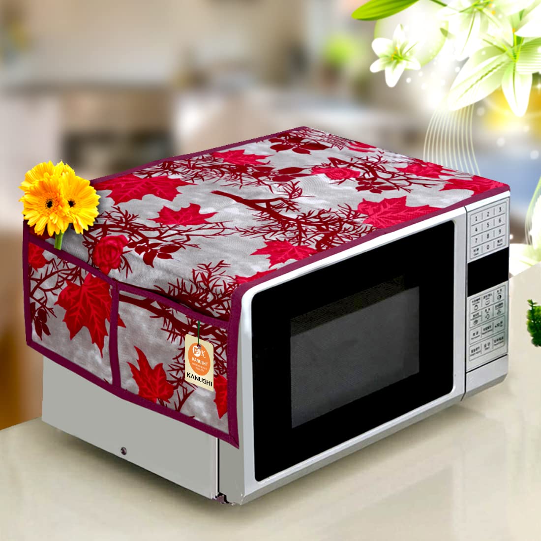 Kanushi Industries Microwave/Oven Top Cover With 4 Utility Pockets (Var-Micro-Maroon-Shub-01)