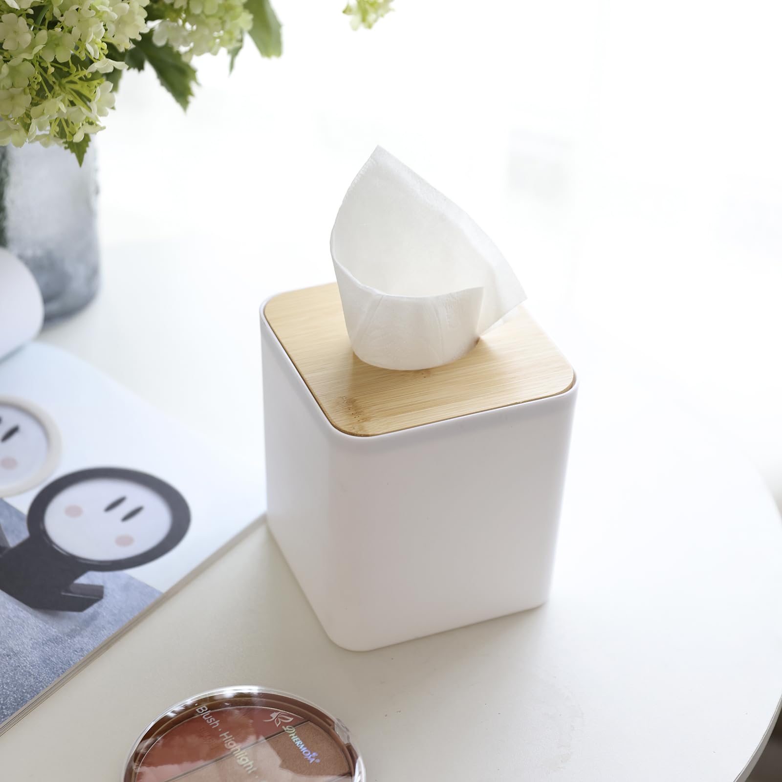Square Tissue Box Cover,White Tissue Box Holder,Bamboo Facial Cube Box Cover For Storage On Bathroom Vanity, Countertop, Bedroom