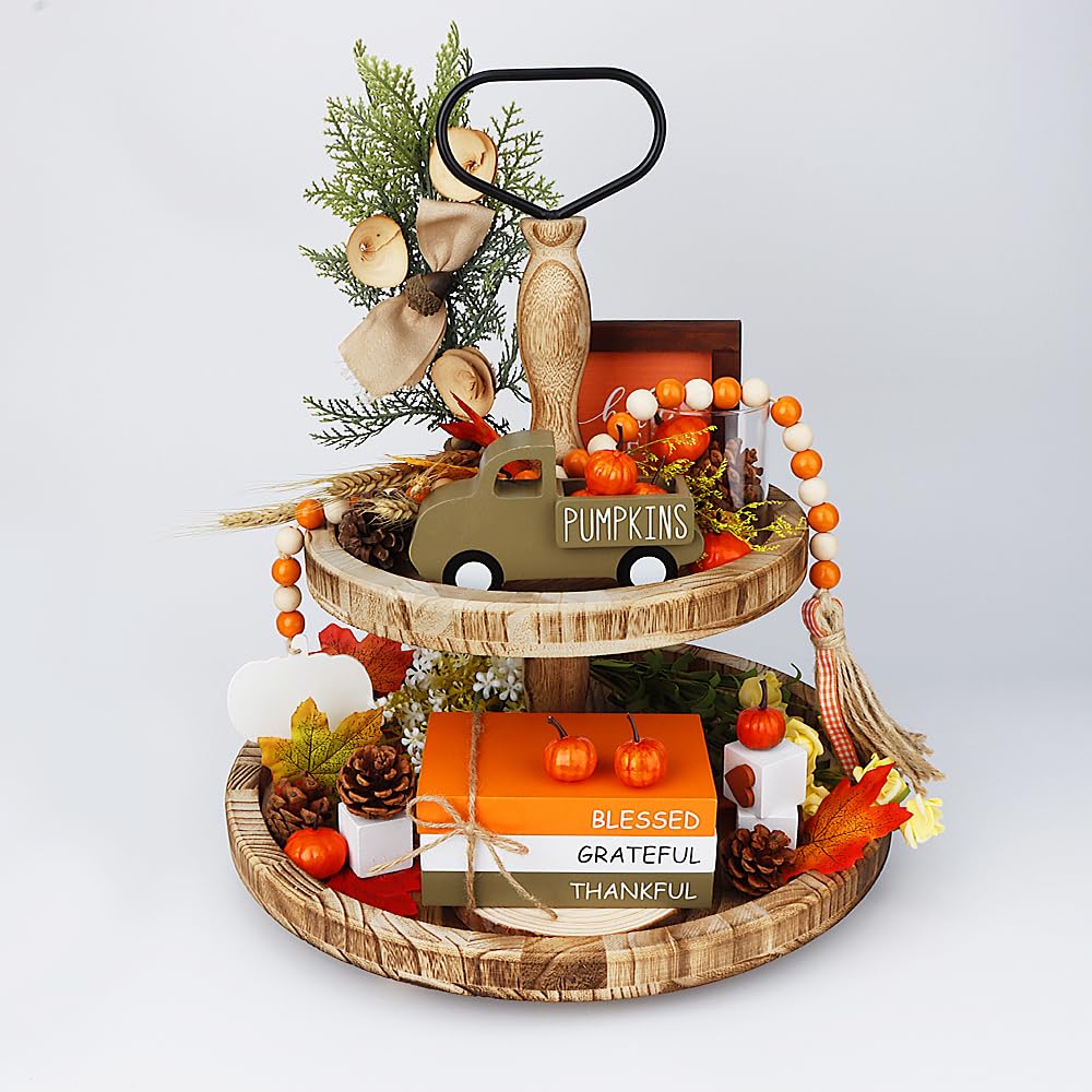 AKEROCK Fall Table Decor, Farmhouse Wooden Fall Signs with Book Stack, 3D Truck and 5 Individual Pumpkins for Tiered Tray, Coffe