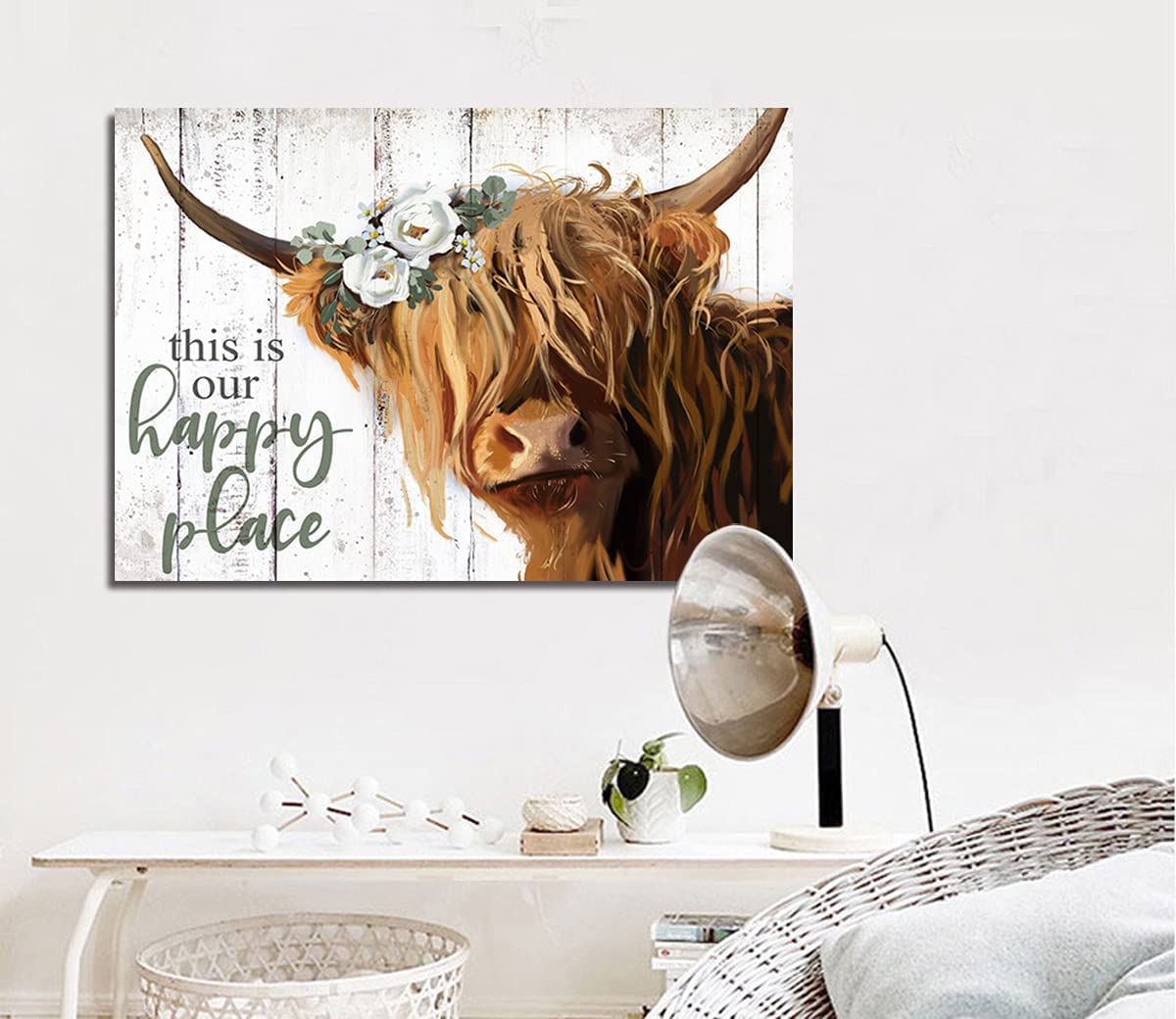 Ypy Highland Cow Wall Art - This Is Our Happy Place Inspirational Canvas Poster For Home - Long Haired Scottish Cow With White F