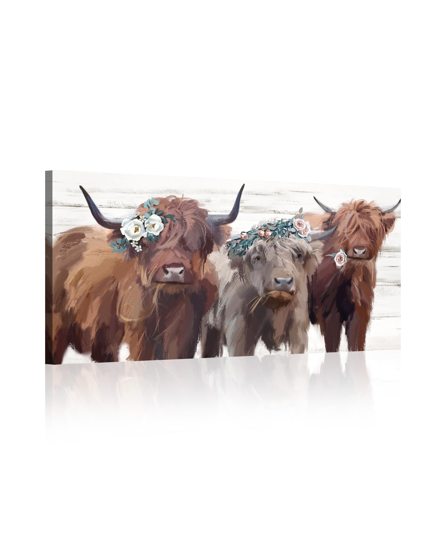 Highland Cow Canvas Wall Art: Cow Floral Picture Farmhouse Kitchen Decor Funny Animal Long Haired Scottish Cow Paintings Framed