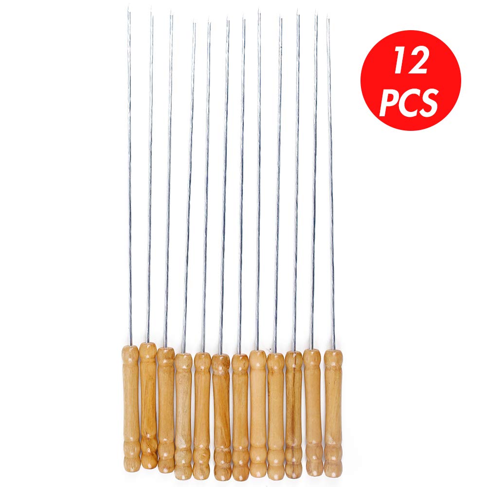 Haksen 12 Pcs Barbecue Skewers With Wood Handle Marshmallow Roasting Sticks Meat Hot Dog Fork Best For Bbq Camping Cookware Camp