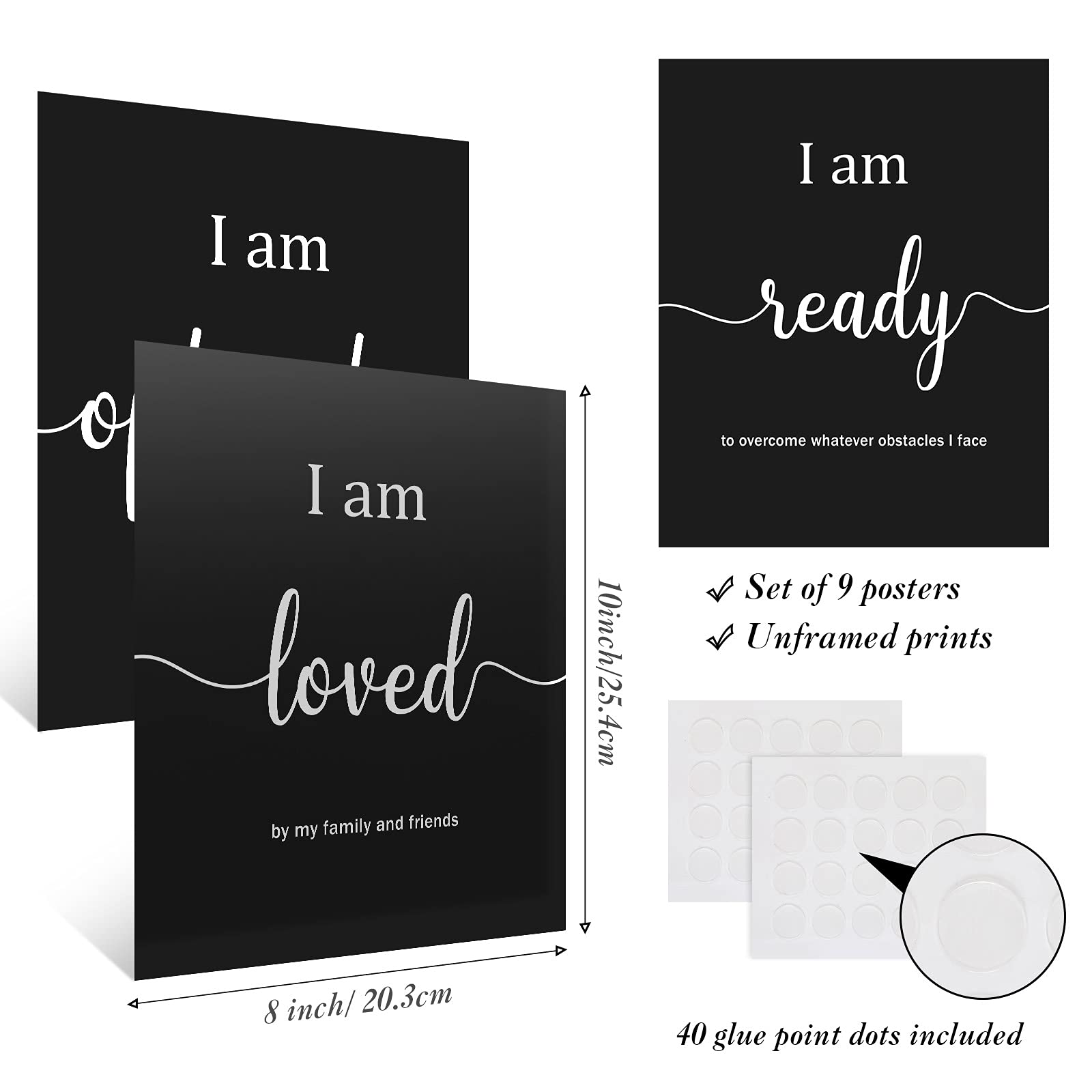 9 Pieces Inspirational Motivational Office Bedroom Wall Art  Daily Positive Affirmations for Men Women Kids Posters Inspirational Quotes Sayings Wall Decor (Black)