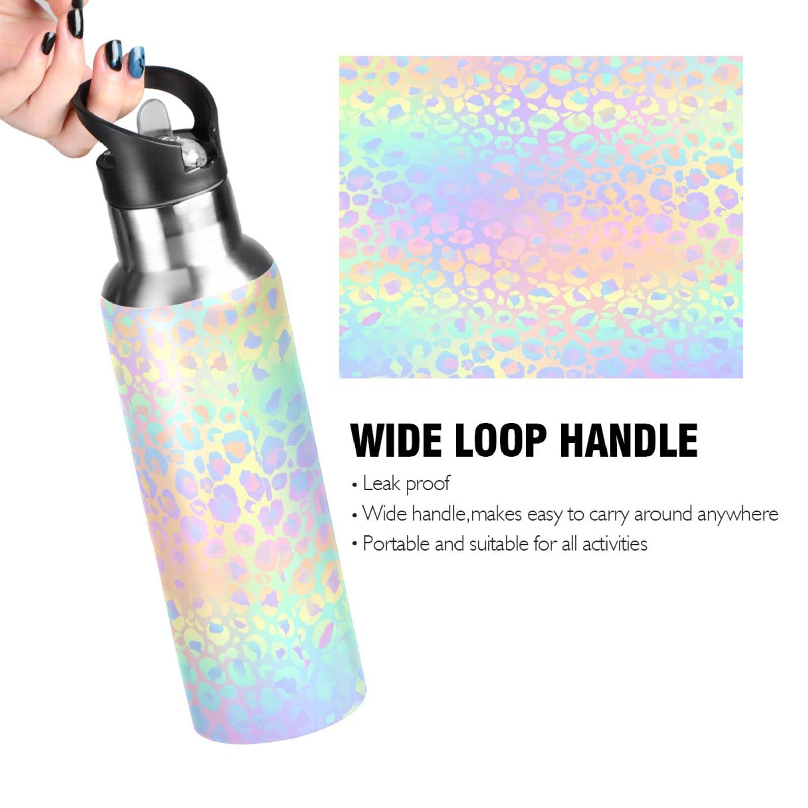 Alaza Leopard Print Cheetah Rainbow Gradient Water Bottle With Straw Lid Vacuum Insulated Stainless Steel Thermo Flask Water Bot