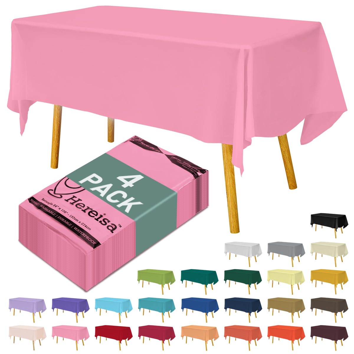 Hereisa Disposable Plastic Tablecloth 54x108 Inch Rectangle - Pink, 4 Pack Waterproof & Tear-Resistant Party Table Cover for Din