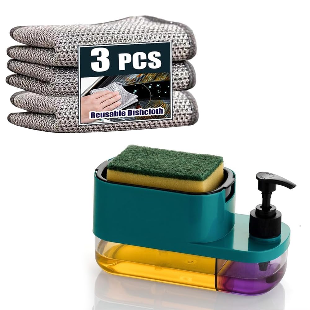 Vyoox Kitchen Soap Dispenser With Sponge Holder+3 Pice Dish Cloth,2-Chamber Design, Pump Bottle For Dish Soap, Teal (Multi Colou