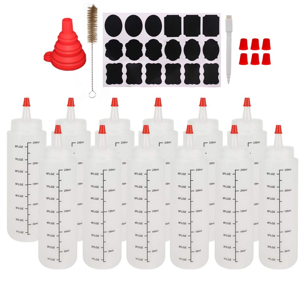 Belinlen 12 Pack 8-Ounce Plastic Squeeze Bottles With Red Tip Caps And Measurement - Good For Crafts, Art, Glue, Multi Purpose S