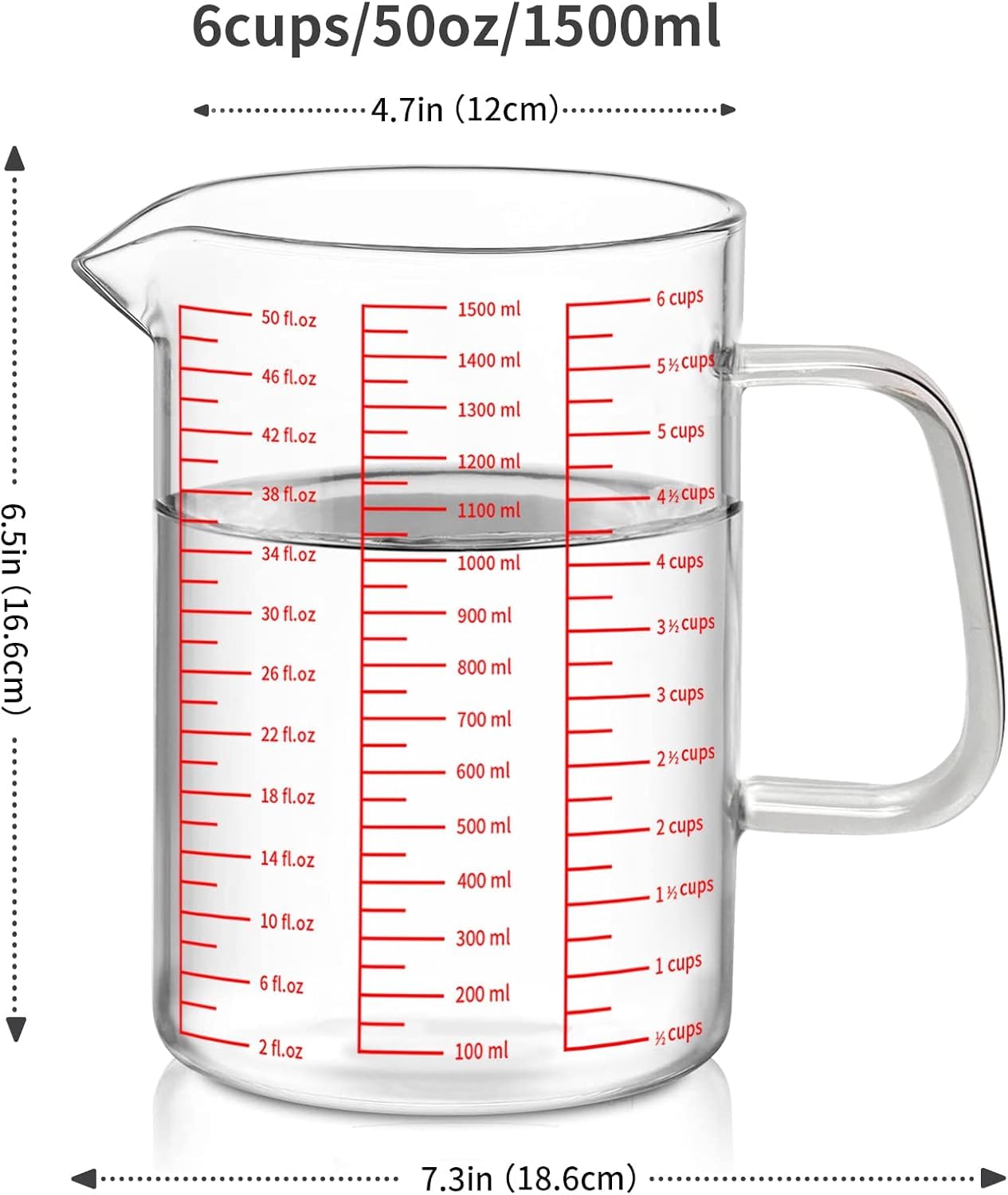 Luvan 50oz/6 Cups Glass Measuring Cup  Easy to Read with 3 measurement scales (Ml/Oz/Cup)  Insulated Handle and V-shaped Spout  High Borosilicate Glass Measuring Cup  Ideal for Kitchen or Restaurant