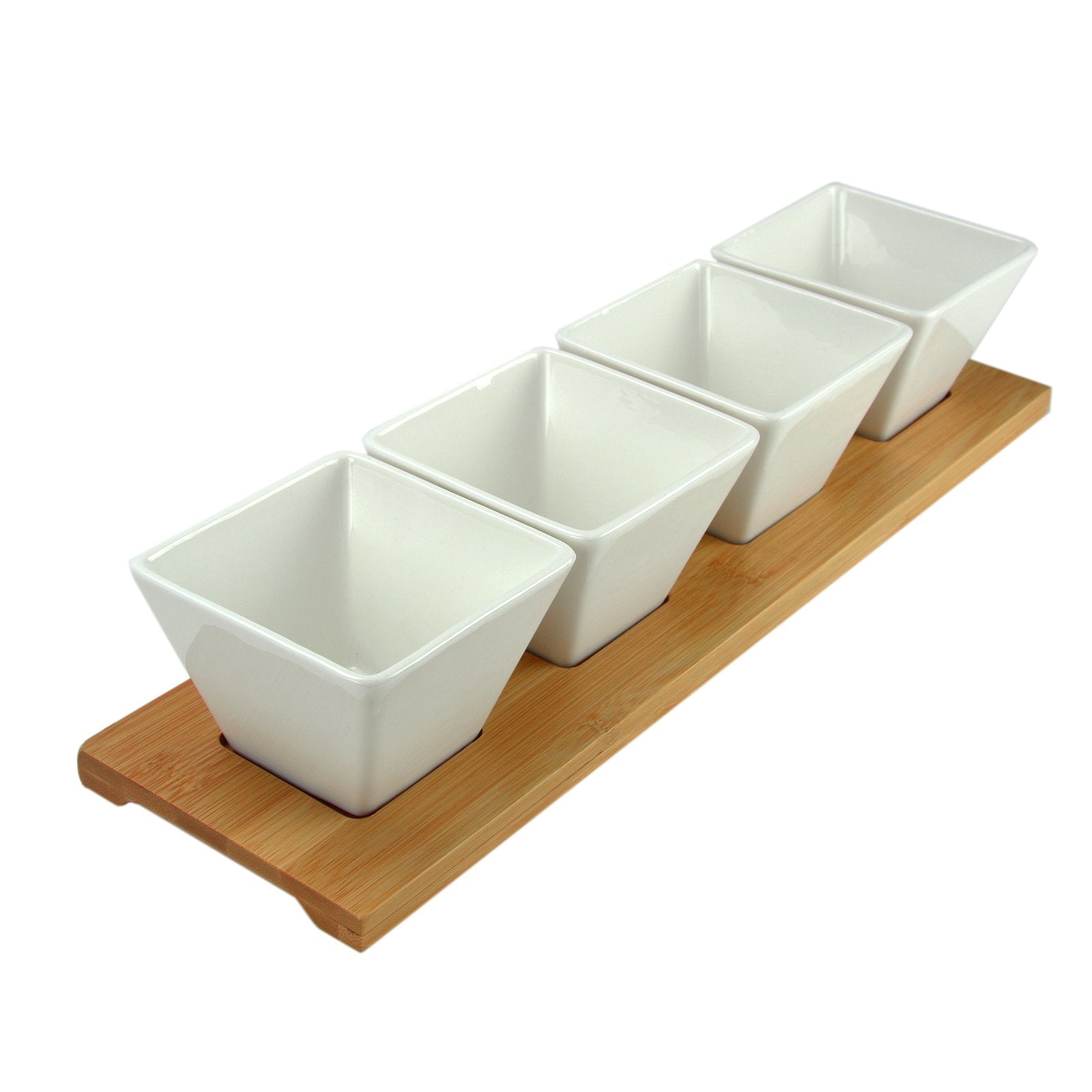 Elama Ceramic Stoneware Condiment Appetizer Set, 5 Piece, Long Rectangle In White And Natural Bamboo