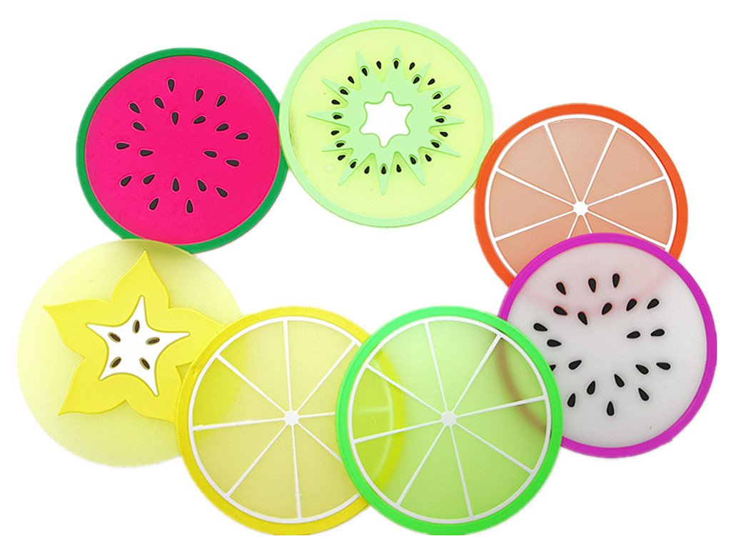 Kinteshun Silicon Drink Coaster,Heat-Insulated Non Slip Fruit Slice Drink Cup Mat Placemat(7Pcs With Different Fruit Slices)