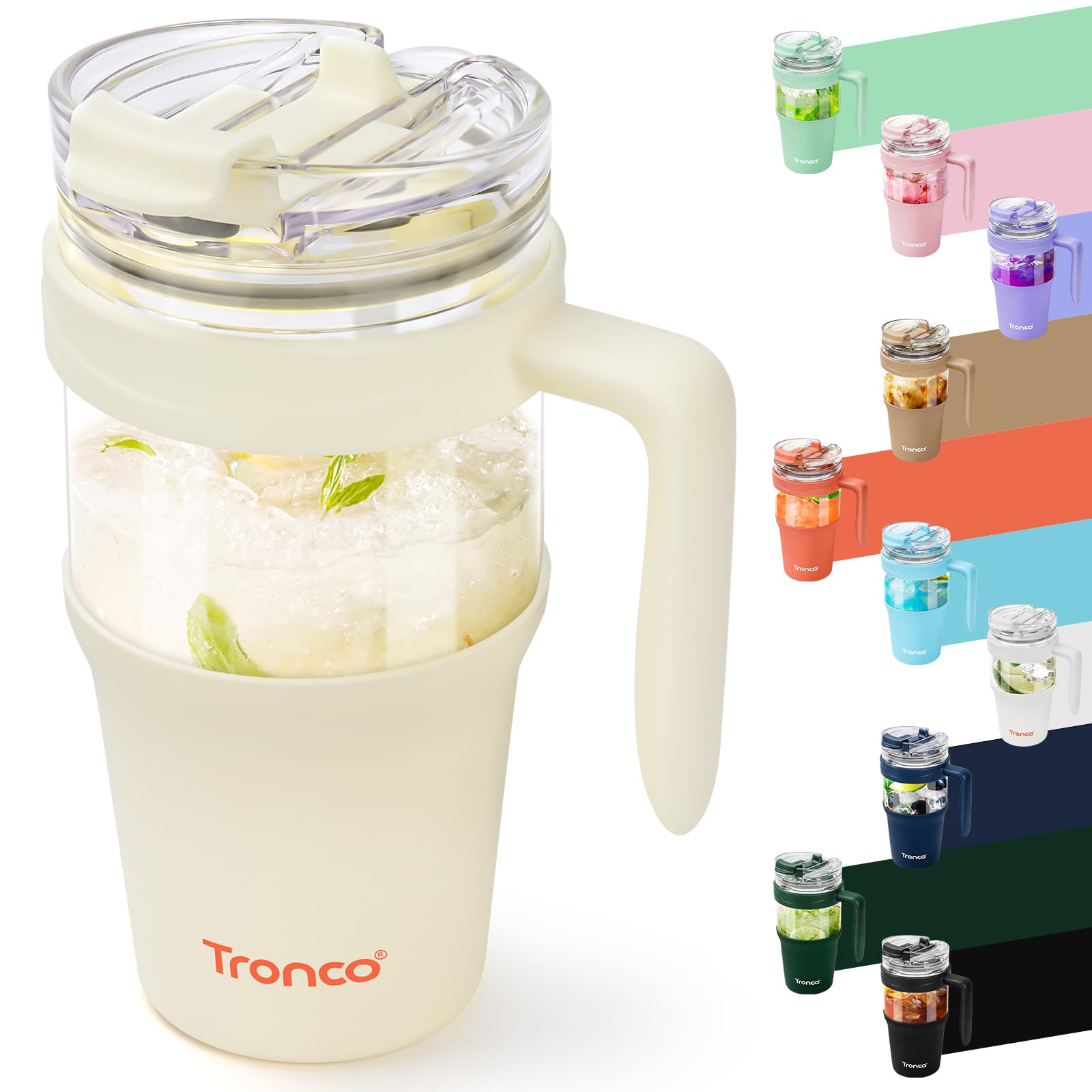 Tronco 32oz Glass Tumbler with Straw and Lid, Leakproof 2-in-1 Sip and Flip Straw Lid, Glass Water Bottles with Handle, Fit in C