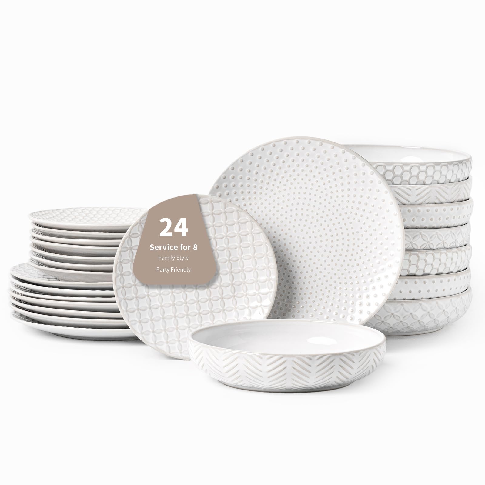 FOBENTA 24-Piece Embossed Ceramic Dinnerware Set-8 Dinner Plates, 8 Salad Plates, 8 Pasta Bowls,Elegant & Durable Tableware for 