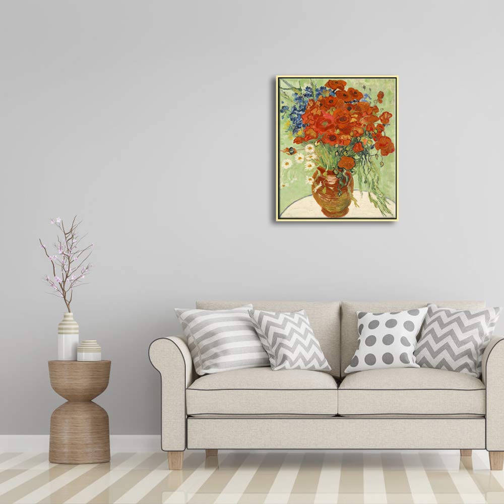 Wieco Art Framed Art Red Poppies And Daisies Canvas Prints Wall Art Of Van Gogh Famous Floral Paintings Reproduction Abstract Hd