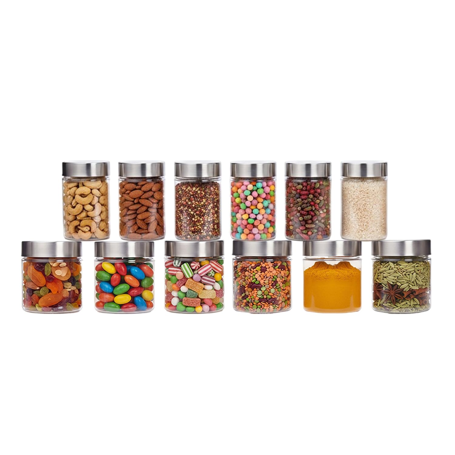Pearlpet Plus Range Plastic Storage Jars & Containers For Kitchen|Airtight|Stackable|Kitchen Storage| Steel Cap Jar Set Of 12 Fo