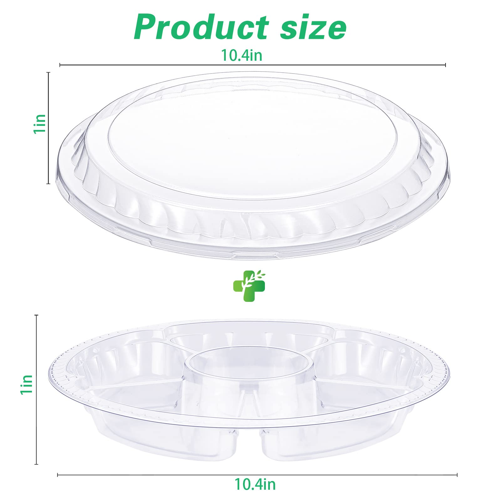Patelai 10 Pcs Clear Plastic Veggie Tray Set, 6 Compartment Appetizer Serving Platters, Round Disposable Food Trays, Model LM-Patelai-16776