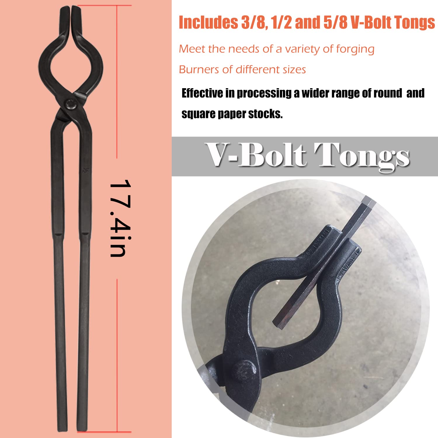 Beginner Blacksmith Tongs Blacksmith Forge Tong Tools Set Includes 1/4 Flat Jaw, Pick Up, Scroll, 3/8 1/2 5/8 V-Bit Tongs (6 Pie