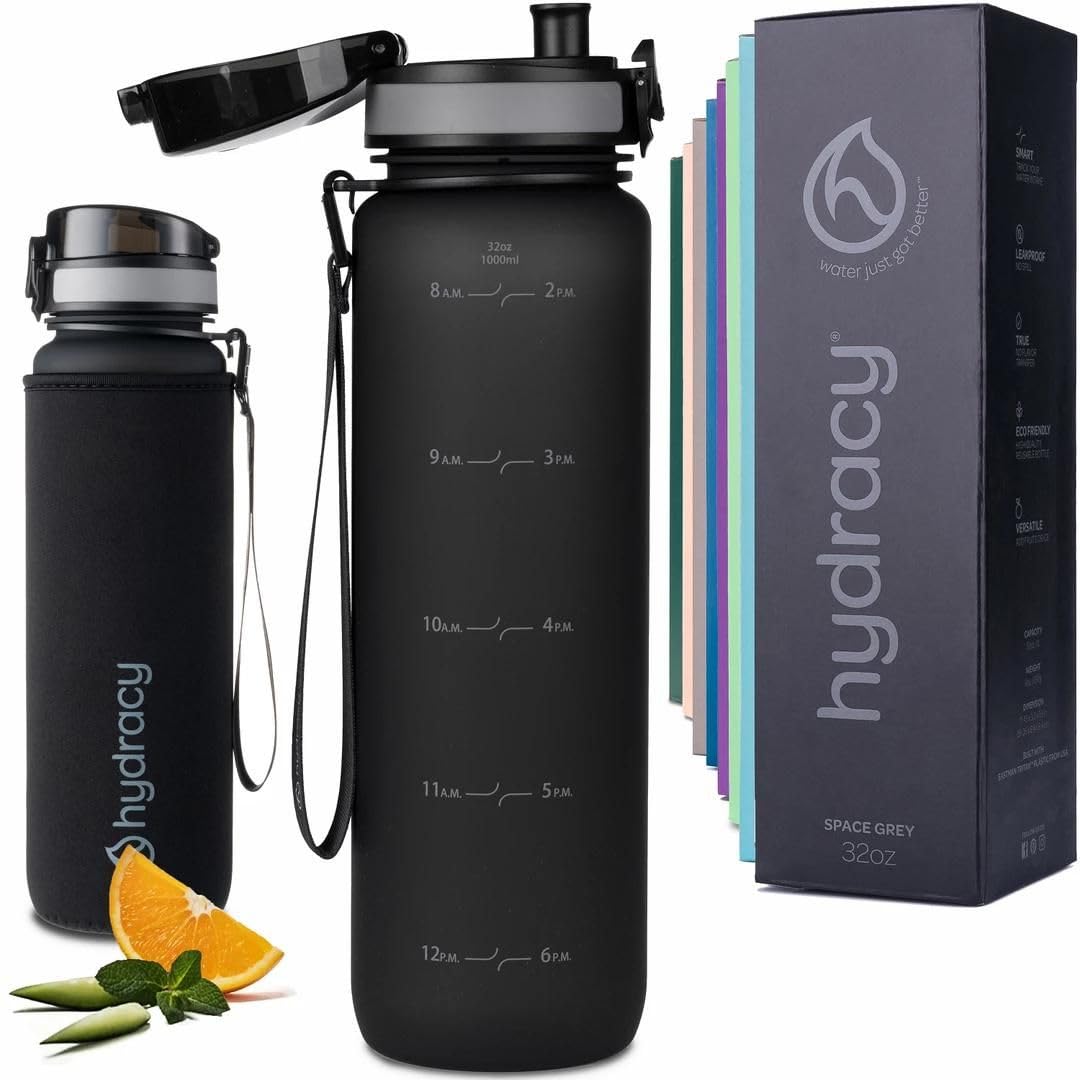 Hydracy 32 oz Motivational Water Bottle with Time Marker, 1 Liter Water Jug, Reusable Gym Water Bottle With Strap, Leak Proof Ch