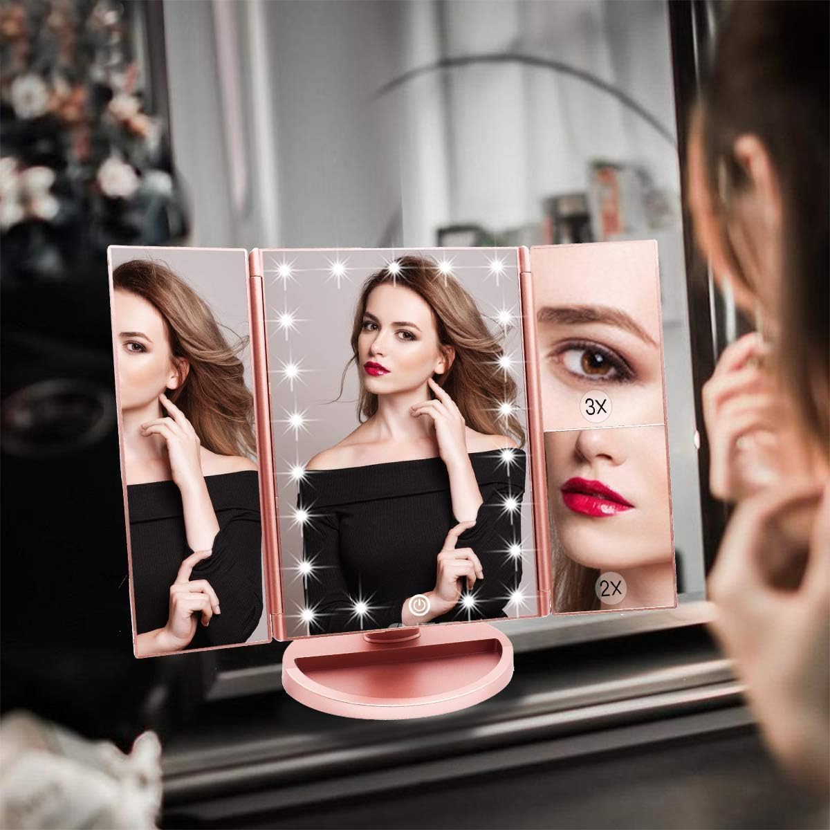 Weily Makeup Mirror With 21 Led Lights,Two Power Supply Modes, Adjustable Touch Screen And 1X/2X/3X Magnification Tri-Fold Vanit