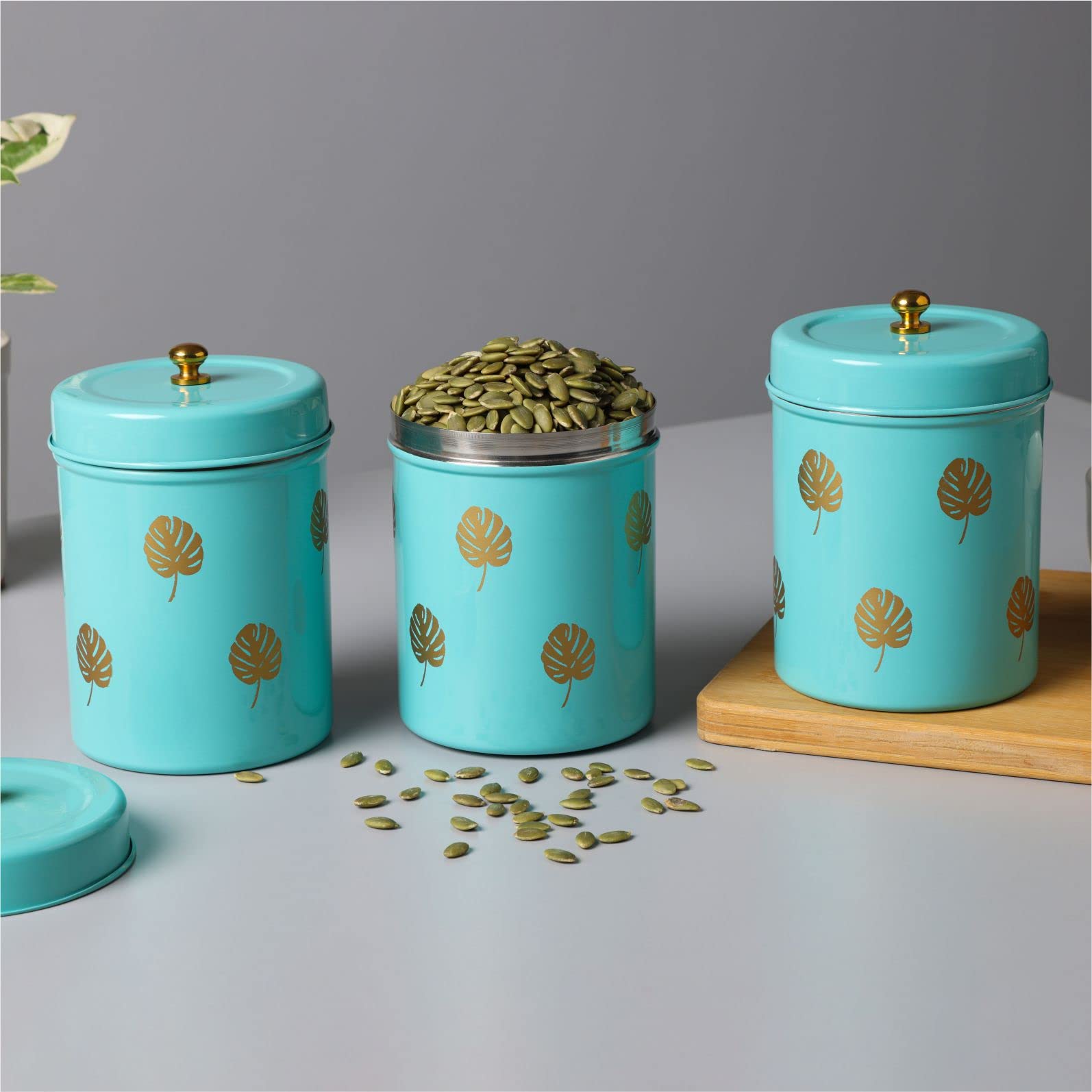 Anantam Homes Decorative Leaf Design Canister Set With Lid For Kitchen Counter Top Airtight Stainless Steel Food Storage Contain