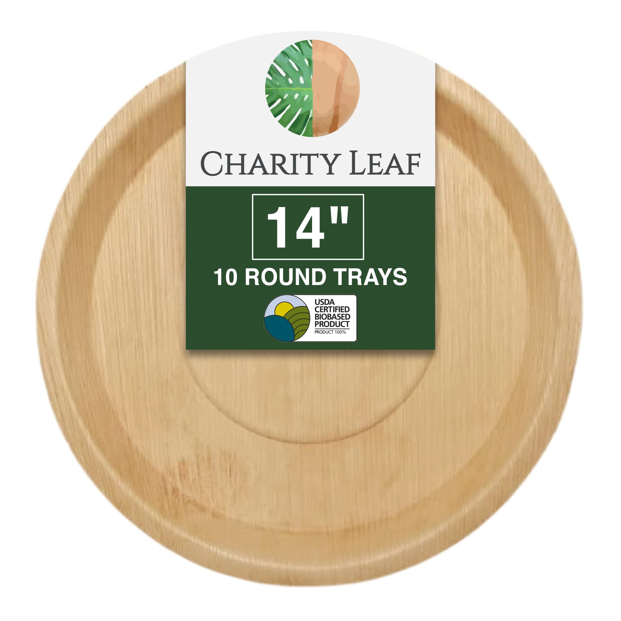 Charity Leaf Disposable Palm Leaf 14'' Round Trays (10 Pieces) Bamboo Like Serving Platters, Disposable Boards, Eco-Friendly Din