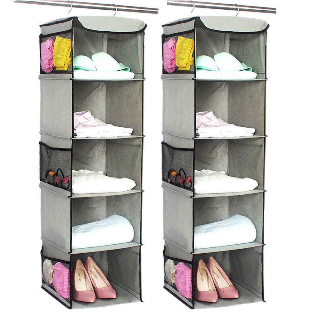 Brilliantjo 5 Shelves Hanging Closet Organizer, 2 Pack Hanging Storage With 6 Side Pockets For Clothes Bags, 43''X12''X12''(Gray