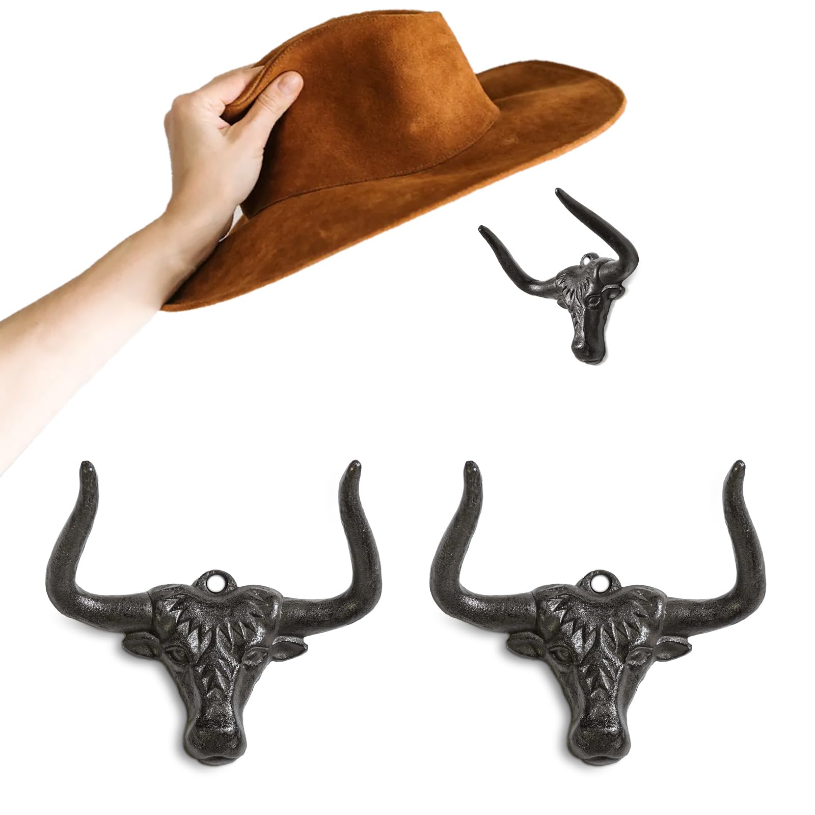 Hydermus Cowboy Hat Rack For Wall 2 Pack Modern Cast Iron Cowboy Hat Holder Cowgirl Hat Hanger Western Wall Decor Longhorn Hooks