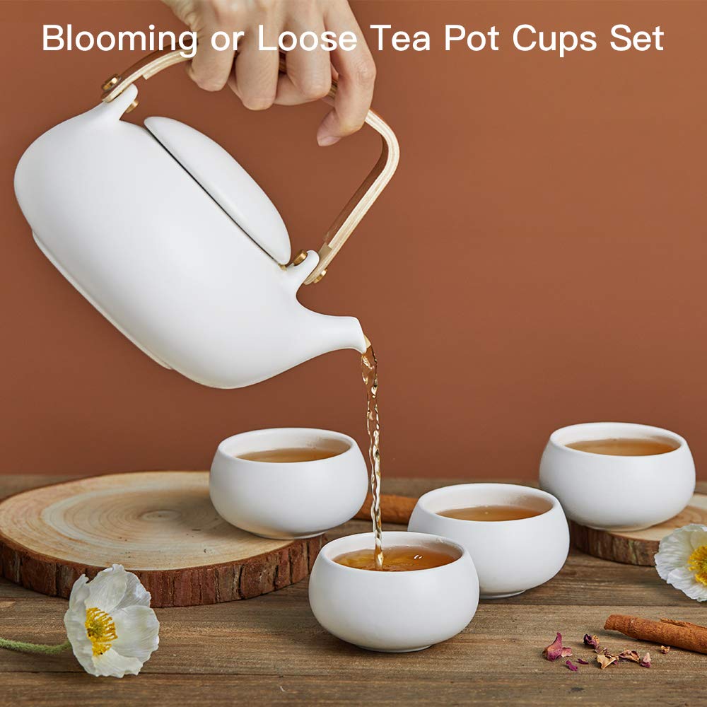 ZENS Modern Japanese Tea Set, 27 oz Ceramic Japanese Teapot with Fine Stainers and 4 Cups for Loose Leaf Tea Steeper, Wood Handl