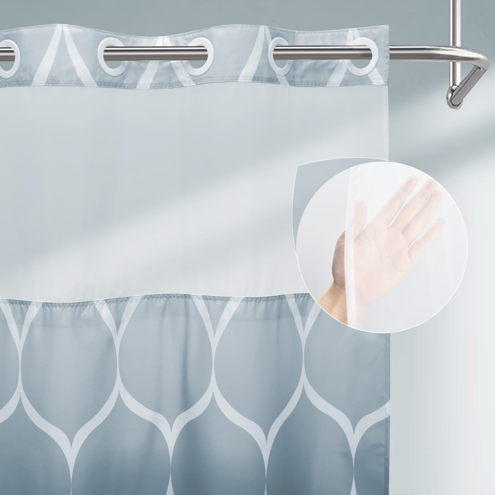 Yiatn No Hook Ombre Aegean Blue Shower Curtain With Snap In Fabric Liner Set - Hotel Style With See Through Mesh Top Window, Mod