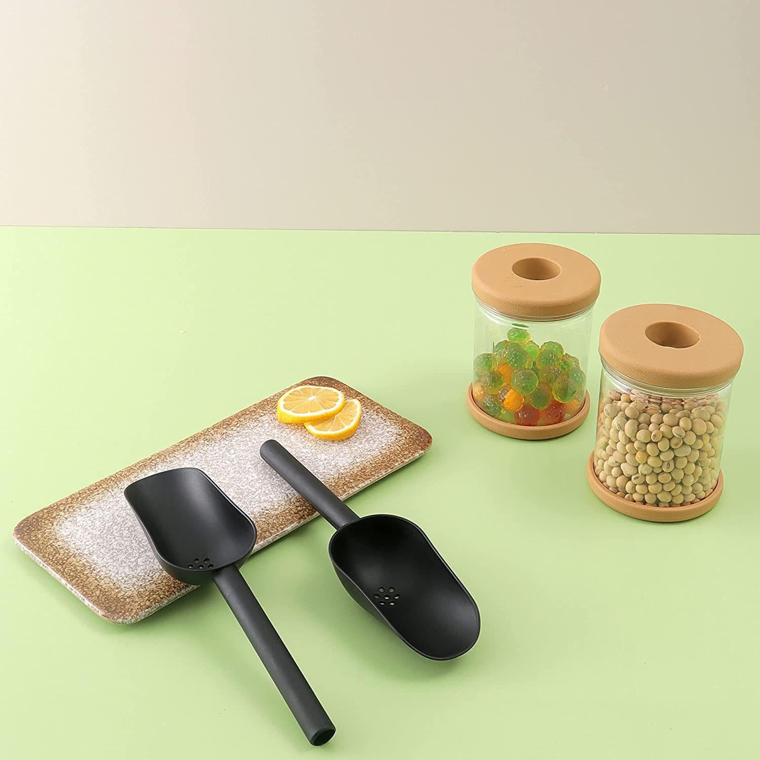 [6 Count] Slotted Plastic Ice Scooper For Ice Maker, Ice Scoop For Freezer, Mini Ice Scoop With Drain Holes, Black Color, One Cu
