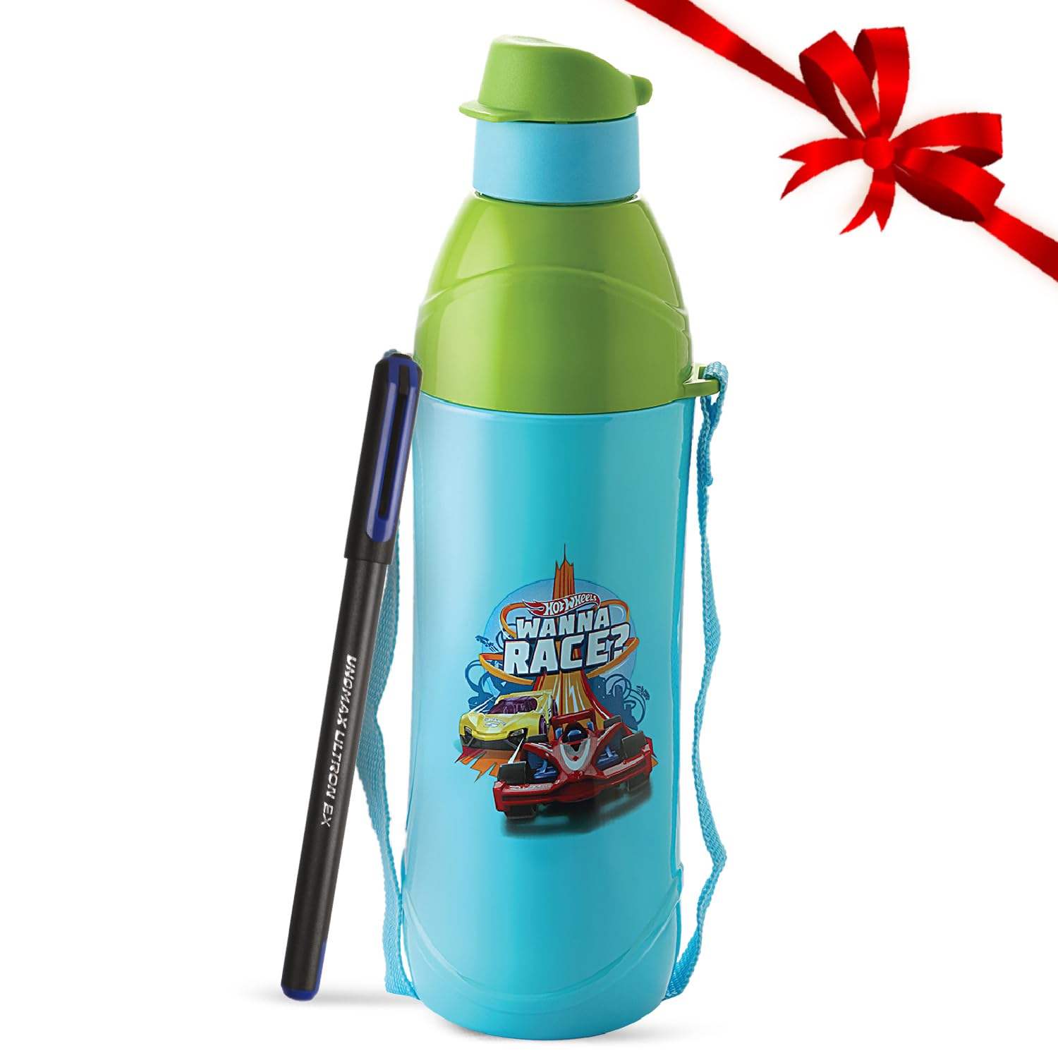 Cello Puro Junior 600 | Hot Wheel Print Plastic Water Bottle | 470Ml, Sky Blue With Free Unomax Ultron 2X Ball Pen