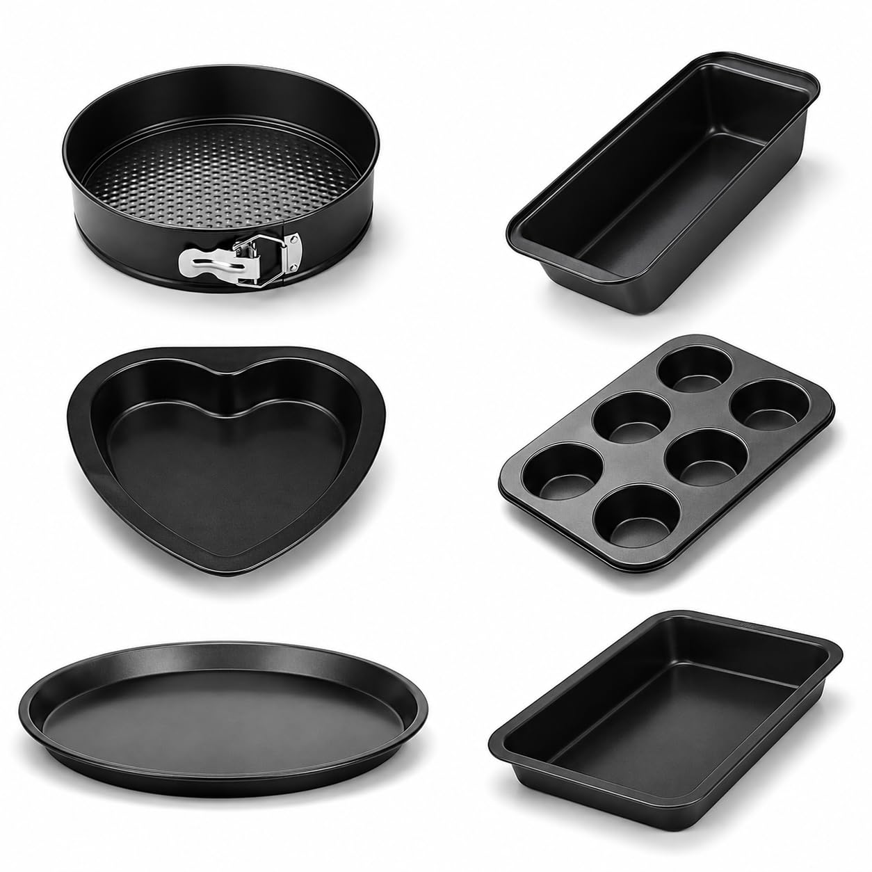 Xacton 6 Piece Baking Pan Set | Springform Cake Pan, Loaf Bread Tin, 6 Cup Muffin Tray, Round Pizza Tray, Heart & Square Shape C