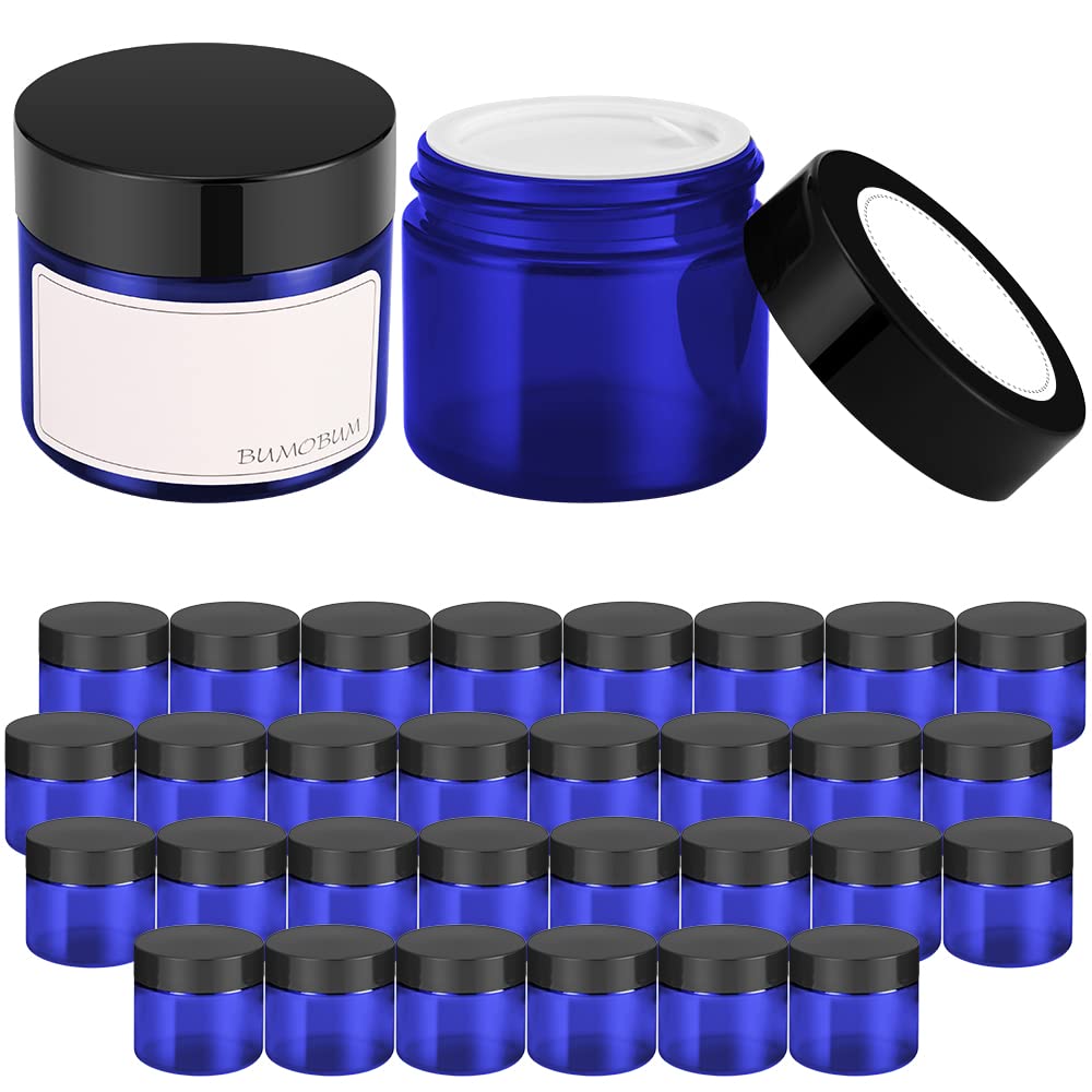 Bumobum 2 Oz Glass Jars With Lids, 48 Pack Blue Round Small Containers With Black Lids, Blank Labels & Inner Liners, Empty Cosme